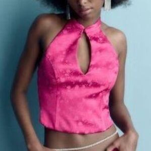 Zara jacquard halter hot pink halter top